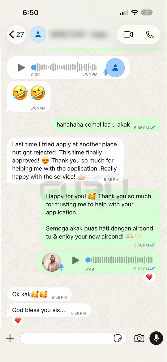 Tangkap layar WhatsApp pelanggan: pernah apply tempat lain dan reject, kali ini lulus